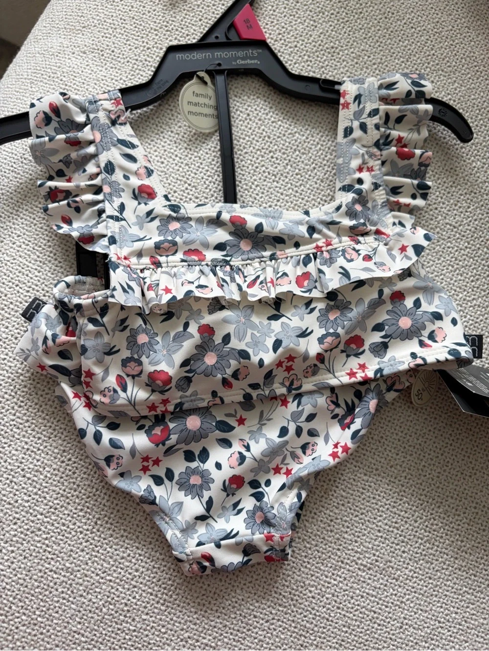 Set of two toddler Cream Floral Ruffle One-Piece Swimsuit with Pink and Blue